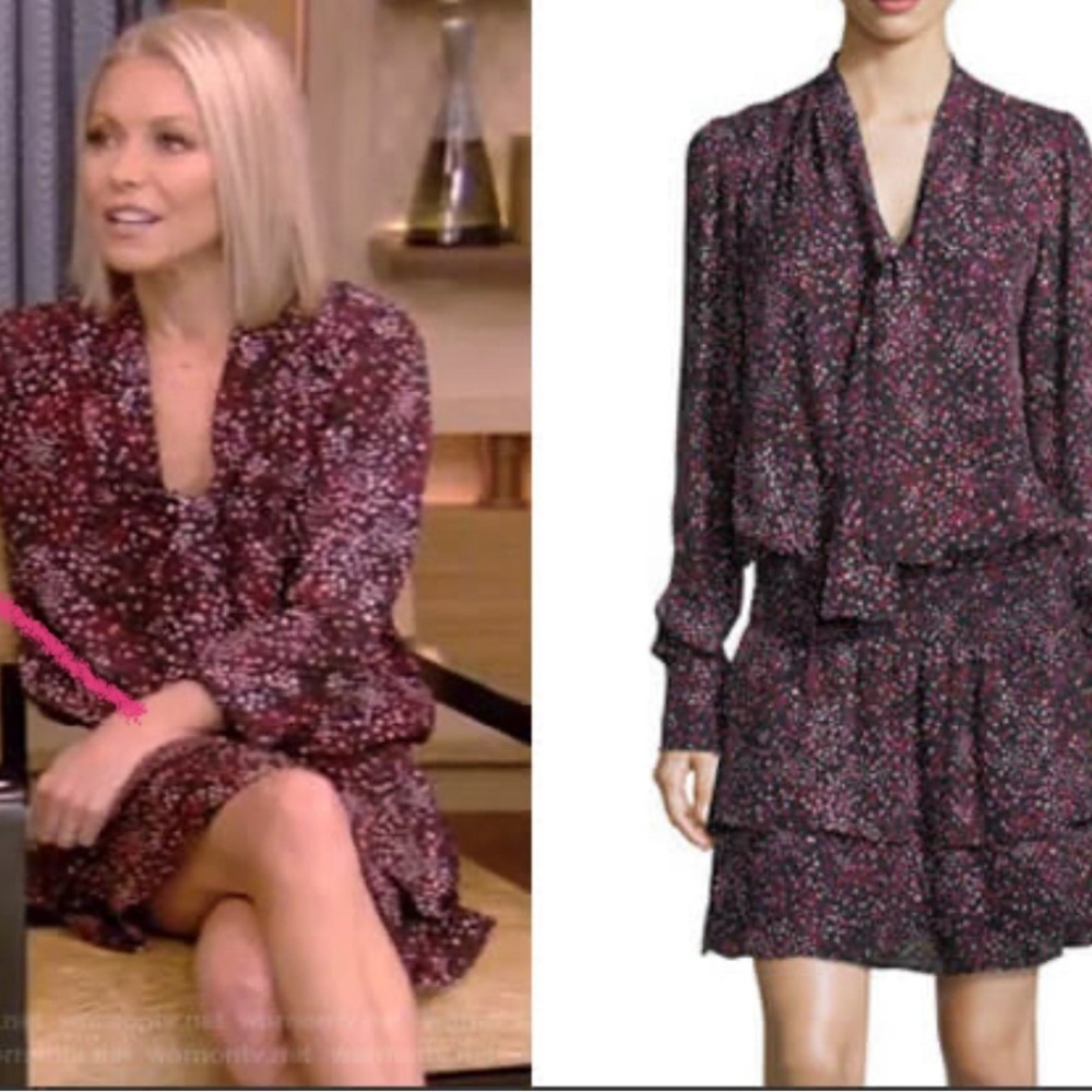Parker‎ Marybeth Black Purple Dot Printed Silk Tiered Tie Neck Mini Dress XS